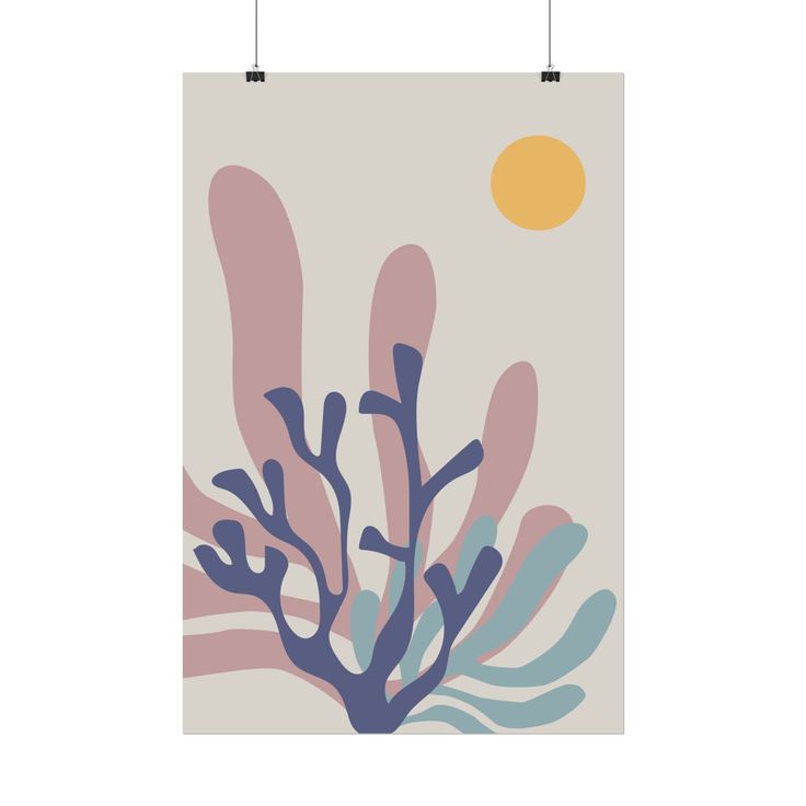 a poster hanging on the wall with blue and pink plants in front of an orange sun