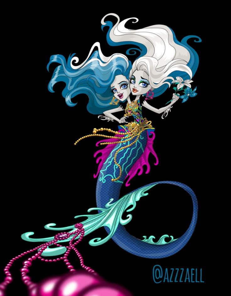 a drawing of a mermaid with blue hair and pearls on it's tail, flying through the air