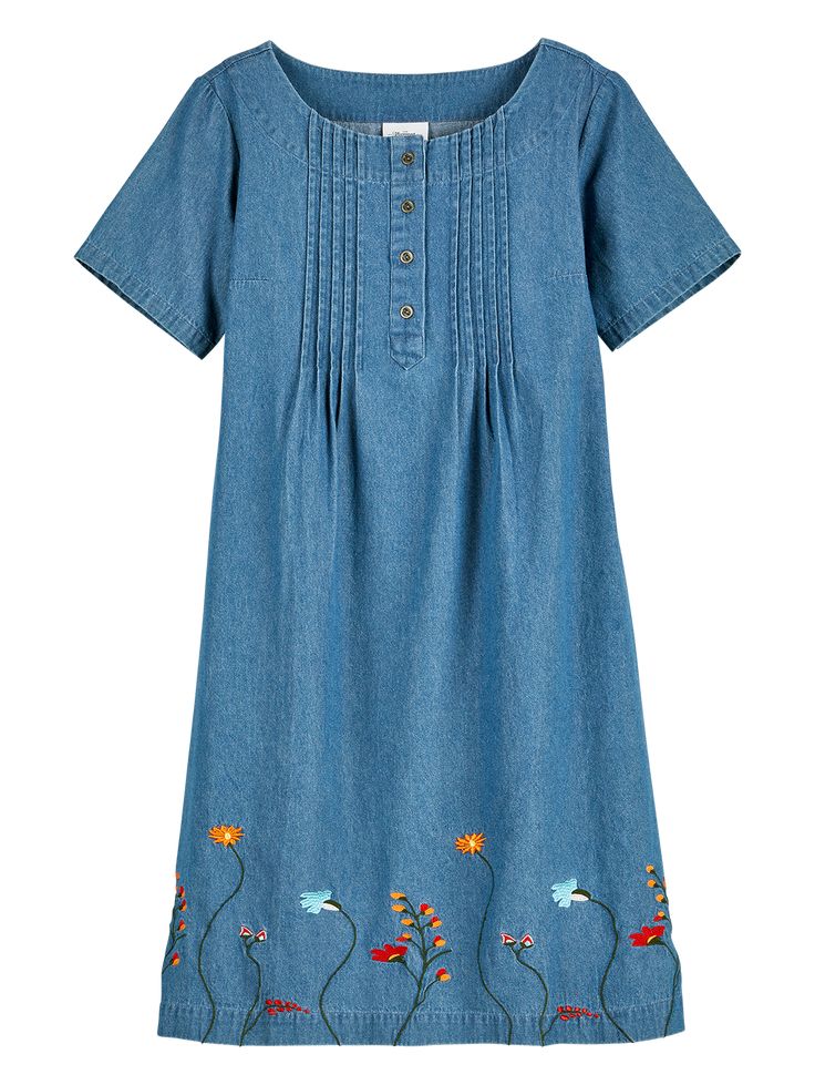 For those looking for a denim dress with a little more pizzazz, this dress will delight you with its pretty embroidered blossoms along the hemline and easy-wearing style. It's made of our softest denim and detailed with pintucks along the bodice, a scoop neckline, and a button-front placket. Easy pullover style Relaxed fit Embroidered floral border Pintucked bodice Button-front placket Side-seam pockets Approx. 39" long 100% cotton Machine wash and dry Imported Exclusive to The Vermont Country S Spring Medium Wash Denim Dress With Floral Embroidery, Summer Medium Wash Denim Dress With Floral Embroidery, Casual Medium Wash Denim Dress With Floral Embroidery, Denim Blue Dresses With Floral Embroidery, Casual Denim Blue Dress With Floral Embroidery, Embroidered Denim Dresses In Medium Wash, Embroidered Denim Dress For Summer, Casual Floral Embroidered Denim Dress For Summer, Spring Casual Denim Dress With Floral Embroidery