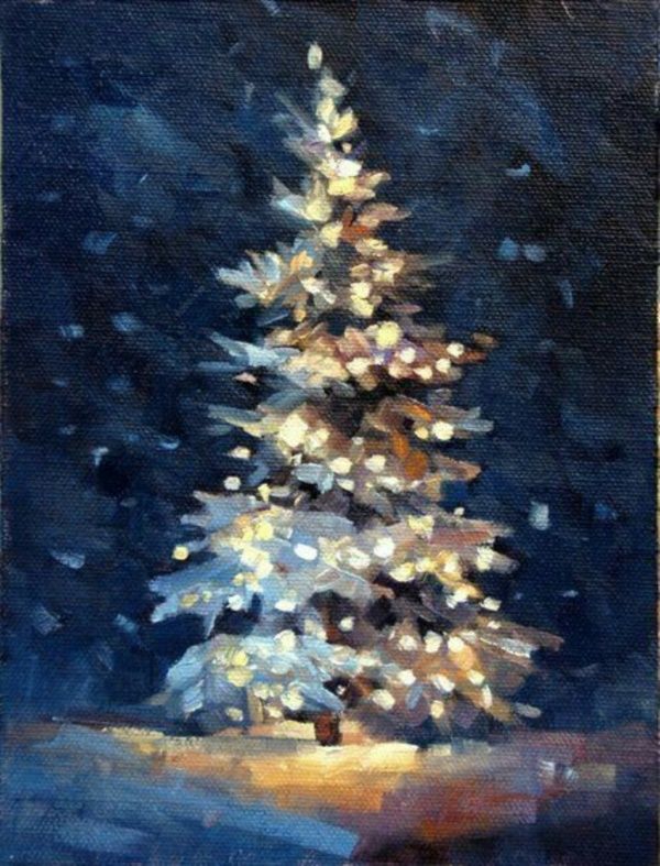 a painting of a small white christmas tree