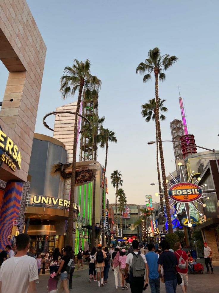 many people are walking down the street in front of shops and palm trees at dusk