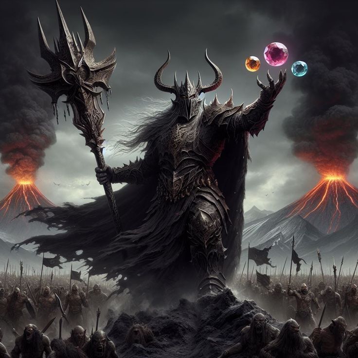 an image of a man with horns holding two crystal balls in his hand while standing on a hill