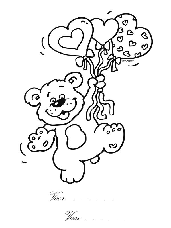 a coloring page with a teddy bear holding hearts and balloons in the shape of a heart