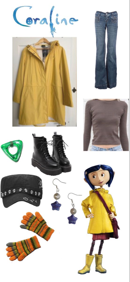 an image of clothing and accessories for people to wear in the style of coraline