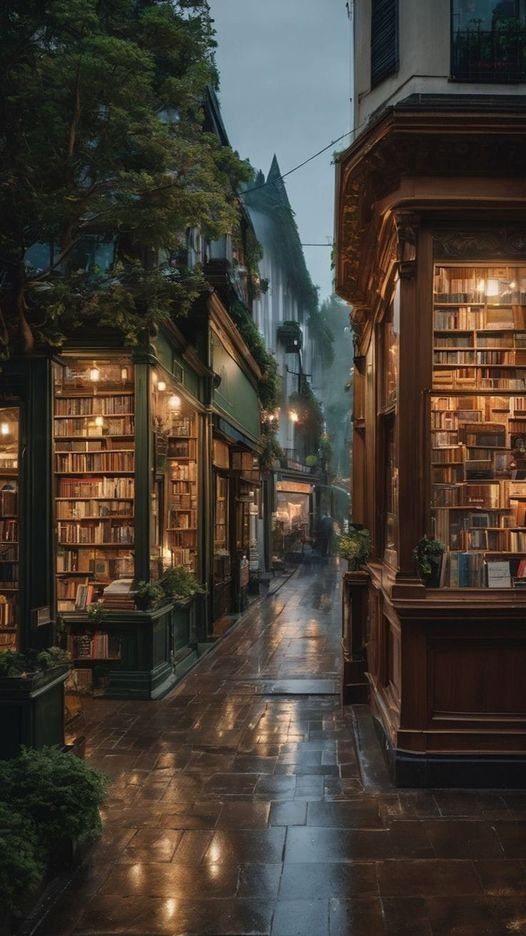 an empty city street with lots of bookshelves and lights on the buildings at night