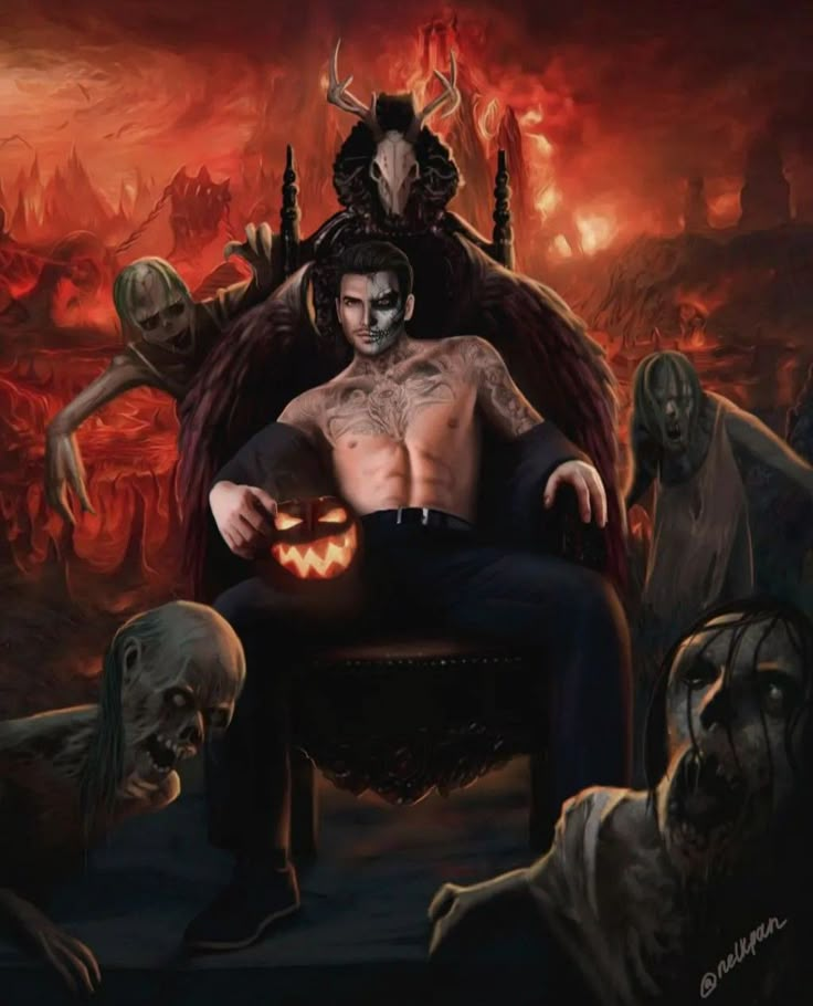 a man sitting on top of a chair in front of a group of demonic people