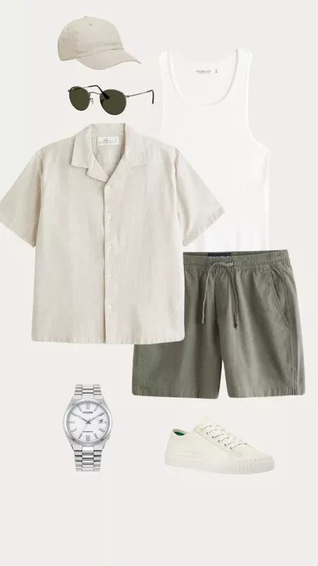 Hot hot weather outfit for spring or summer! Mens Loose Outfits, Clothes For Hot Weather Summer, Summer Outfit Inspo For Men, Men Outfit Hot Weather, Men's Casual Outfits Shorts, Summer Wardrobe Men, Summer Styles Men, Men’s Vacation Beach Outfit, Hot Weather Mens Outfits