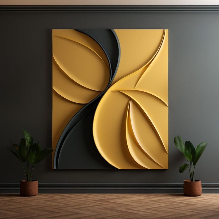 an abstract painting on the wall next to two potted plants