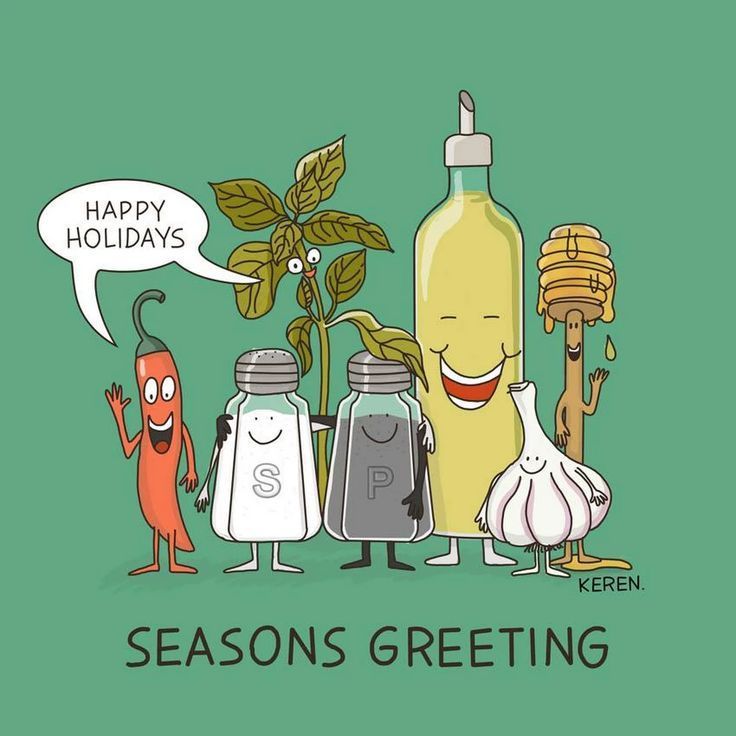 an image of happy holidays season's greeting card with cartoon vegetables and bottles on green background