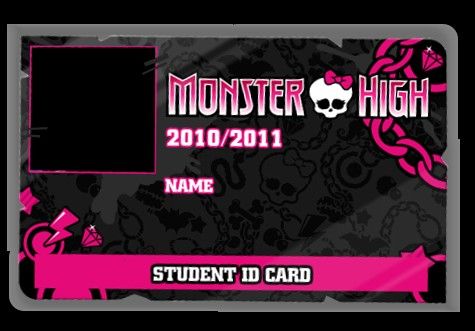 a monster high student id card with pink and black skulls on the front, and a skull