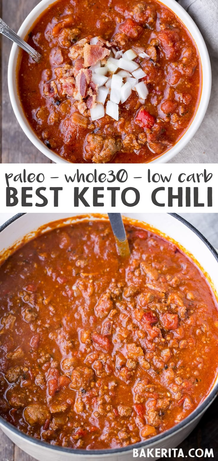 two photos showing the same bowl of chili and one with meat in it, both being cooked