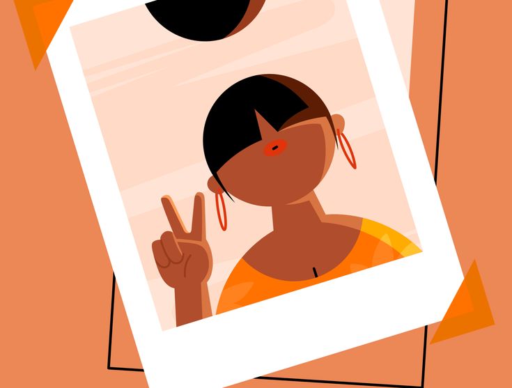 a woman making the peace sign with her hand in front of an orange and pink background