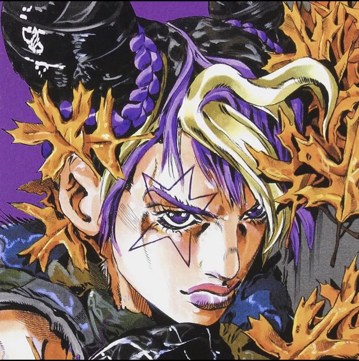 an anime character with purple hair and yellow leaves on his head, wearing black gloves