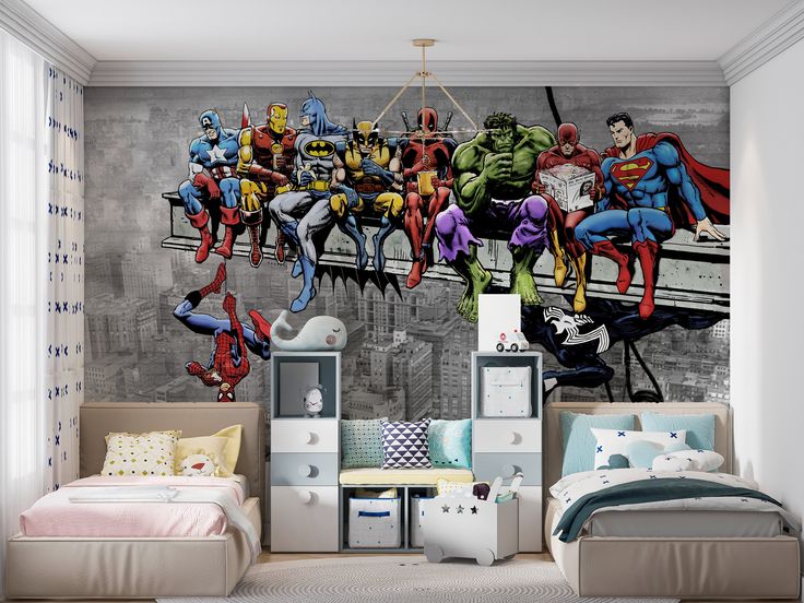 a bedroom with a mural of superheros on the wall