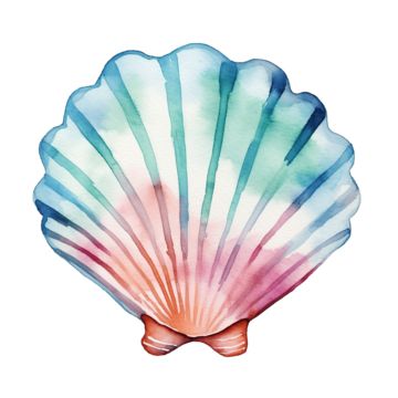 a watercolor painting of a seashell on a white background with blue, pink and green stripes