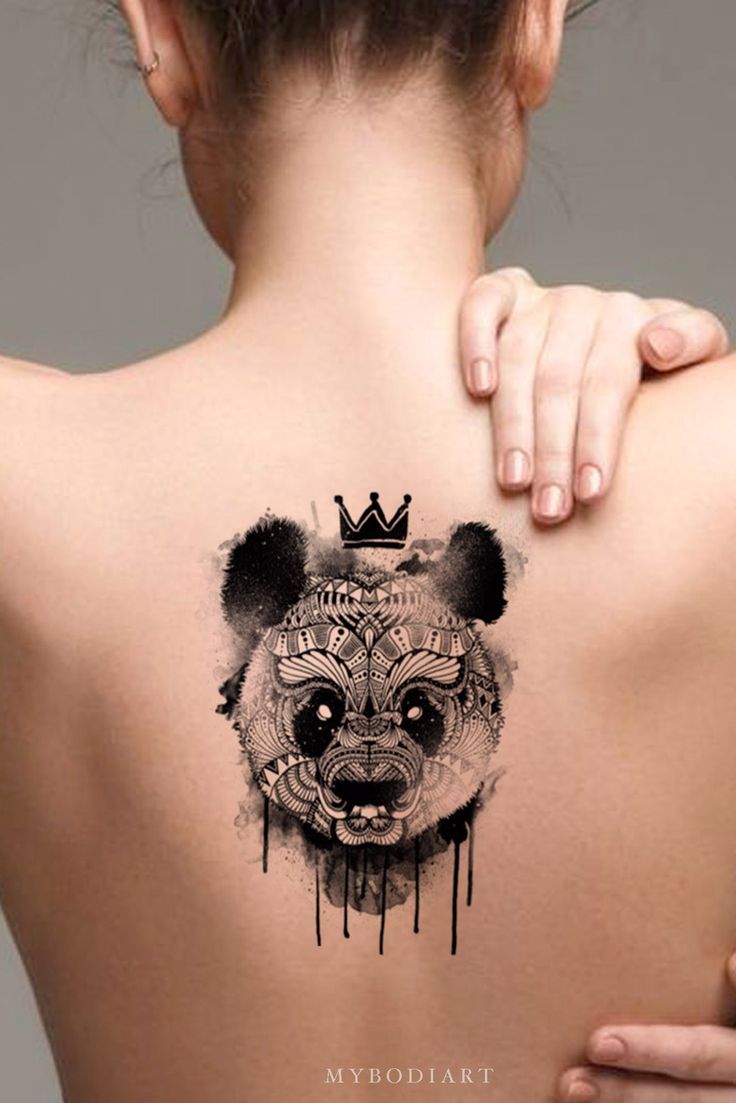 Simple Panda Tattoo Ideas for Female – Big Inspirational Tats – www.MyBodiArt.com Panda Tattoo Ideas, Tattoos Panda, Crown Watercolor, Tattoo King, Tattoo Ideas For Female, W Tattoo, Tattoo Store, Back Tats, Tattoo Sheet