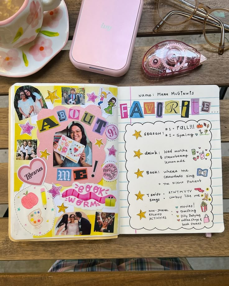 an open notebook with pictures and stickers on it next to a cup of coffee