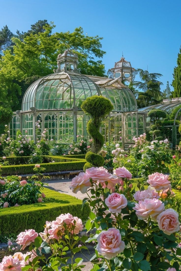 the rose garden is full of beautiful flowers and greenery in front of a glass house