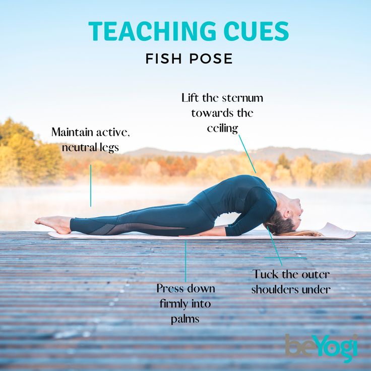 a woman doing yoga poses on a dock with the words teaching cues fish pose above her