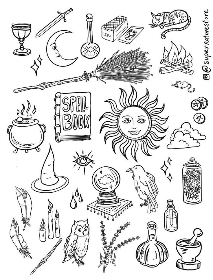 a black and white drawing of different items in the shape of a sun, witch's hat