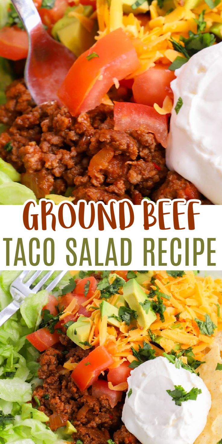 ground beef taco salad recipe with lettuce, tomatoes and sour cream on top