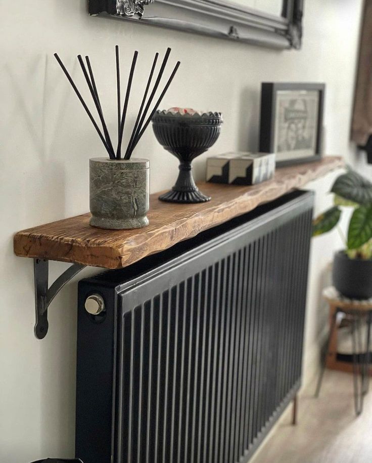 Bedroom Shelfs Designs, Wood Radiator Shelf, Antique In Modern Interior, Shelf Over Radiator Hallway, Rustic Radiator Shelf, Oak Radiator Shelf, Farmhouse Style Hallway, Diy Radiator Shelf, Over Radiator Shelf