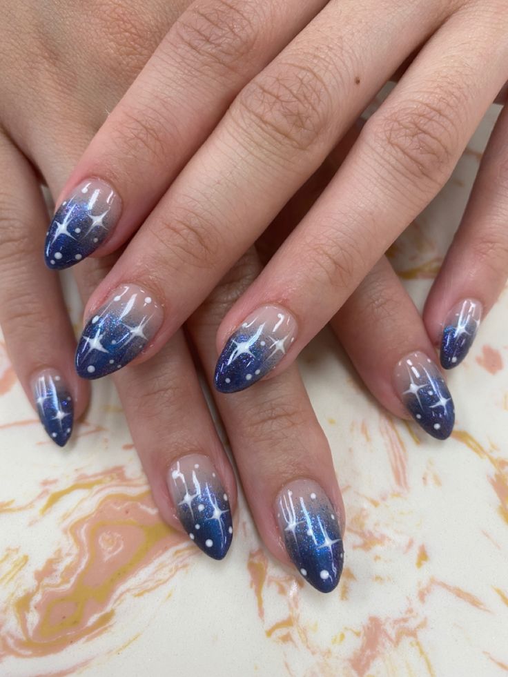 Starry Nails Acrylic, Space Themed Nails Acrylic, Cute Star Nails Short, Eras Tour Nail Ideas Midnights, Easy Star Nail Art, Star And Moon Nails Acrylic, Star Blue Nails, Cute Nails Acrylic Dark Blue, Prom Nails Stars