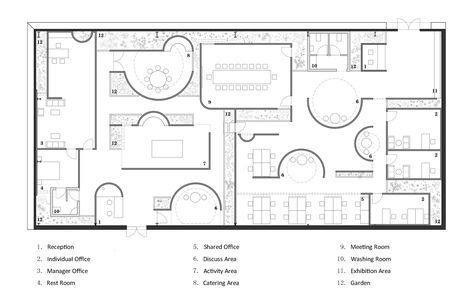 the floor plan for an office with two separate rooms and three different areas in each room