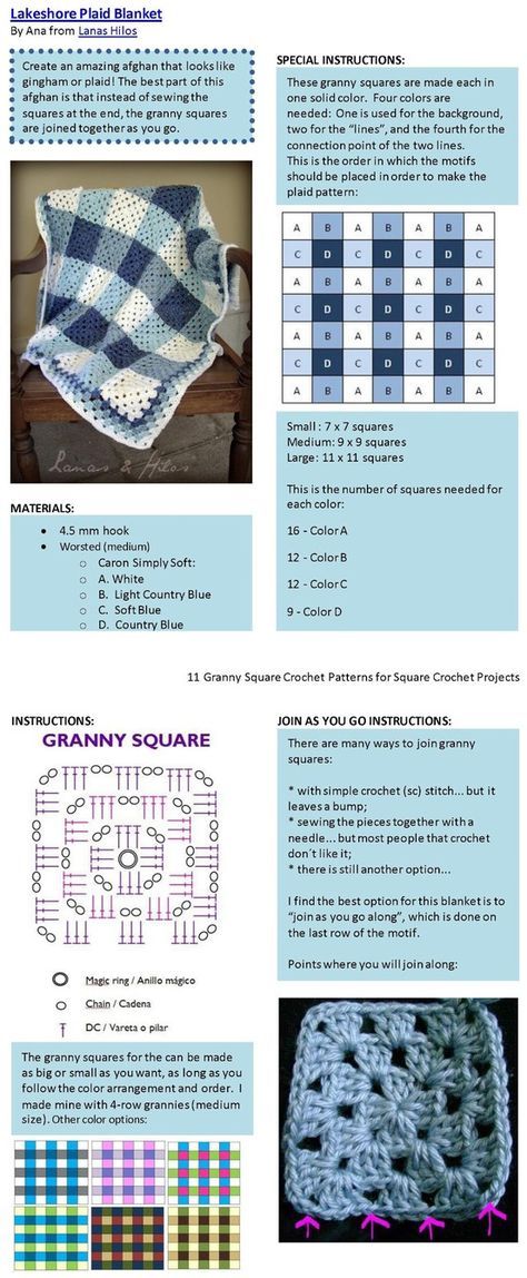 the instructions for crocheted afghans are shown in blue and white, with different colors