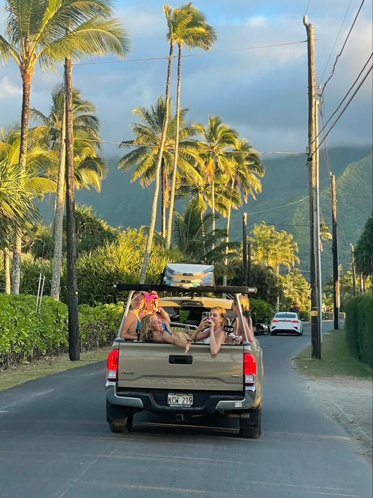 three women in the back of a pick up truck on a road with palm trees