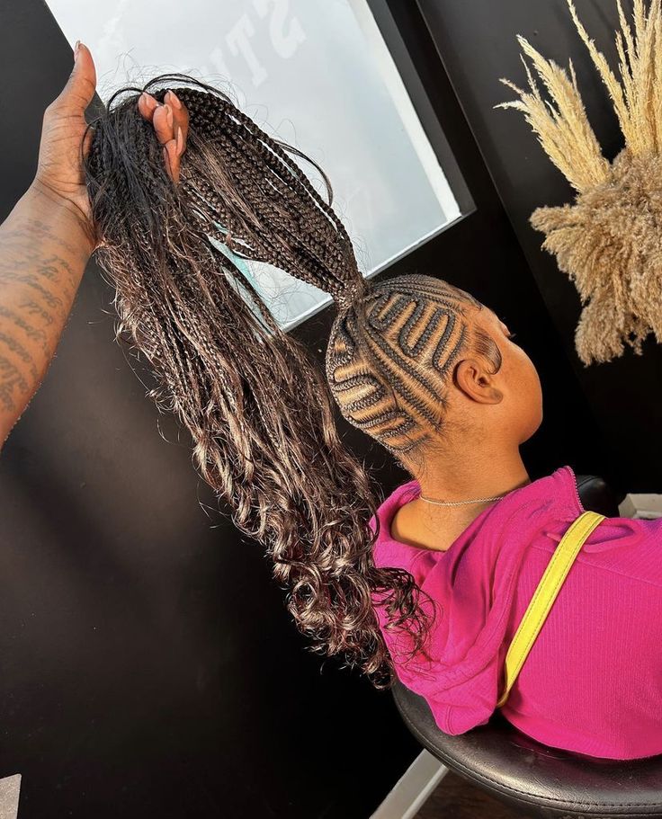 Braided Feed In Ponytail, Freestyle Braided Ponytail, Braided Ponytail Bun, Feed In Ponytail Braids, Feedin Braids Ponytail, High Ponytail Cornrows, Fake Hair Braids, Cornrow Ponytail Styles, Braids 2024