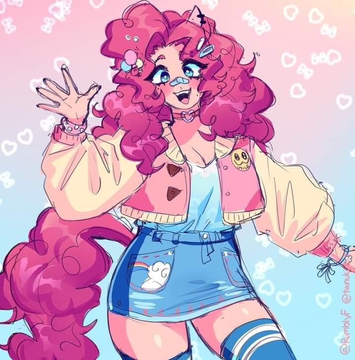 a drawing of a girl with pink hair and blue overalls holding her hands up in the air