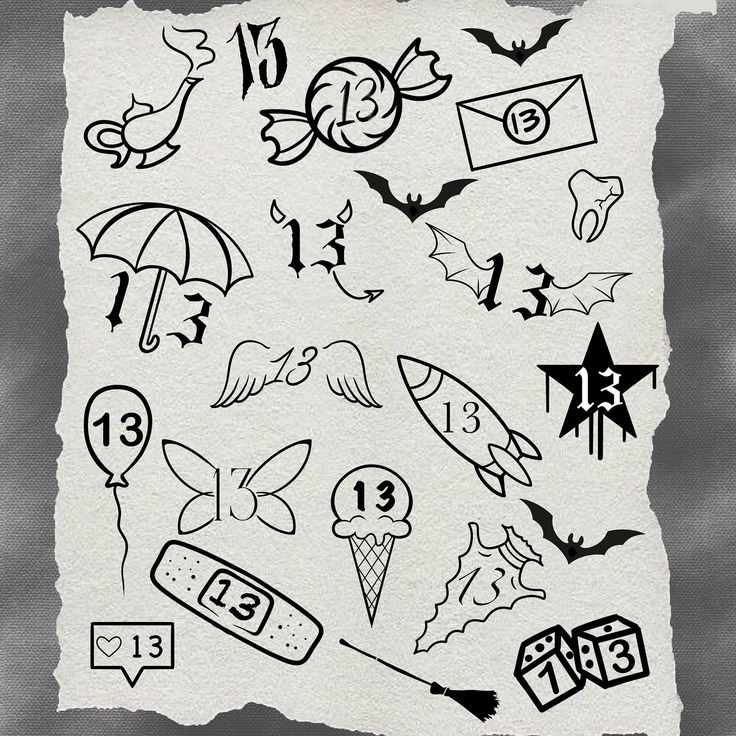 an old paper with some black and white drawings on it, including numbers and bats