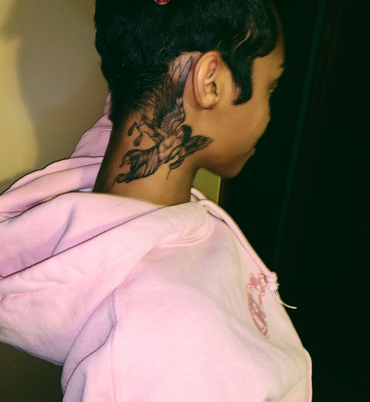 Angel Neck Tattoos Women, Neck Tattoo Women, Flower Neck Tattoo, Baby Angel Tattoo, Guardian Angel Tattoo, Neck Tattoos Women, My Tattoo, Badass Tattoos, Spine Tattoos