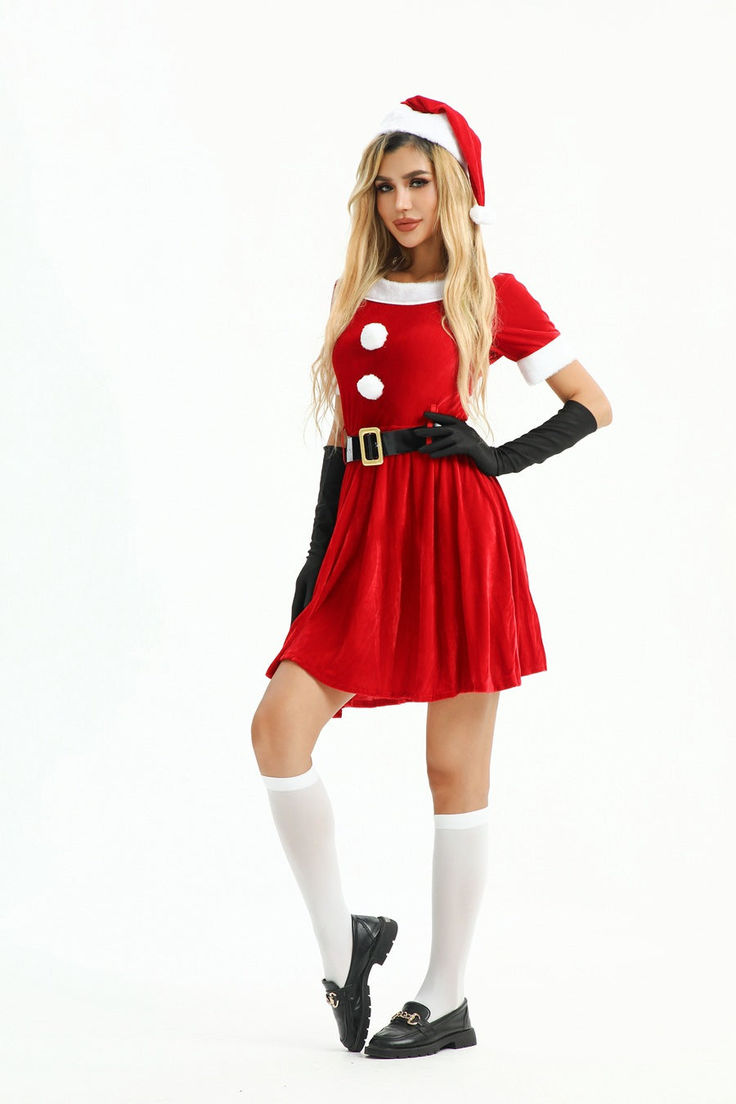 * Package: Dress + hat + belt + gloves* Gender: Women* You can wear this costume on Christmas, parties, stage, music festivals, bar crawls. Fitted Red Costumes For Winter, Fitted Red Winter Costumes, Red Fitted Winter Costume, Red Winter Costume For Costume Party, Red Winter Party Costume, Fitted Costume Accessories For Christmas Costume Party, Fitted Christmas Costume, Fitted Winter Party Costumes, Red Costume For Cosplay Party