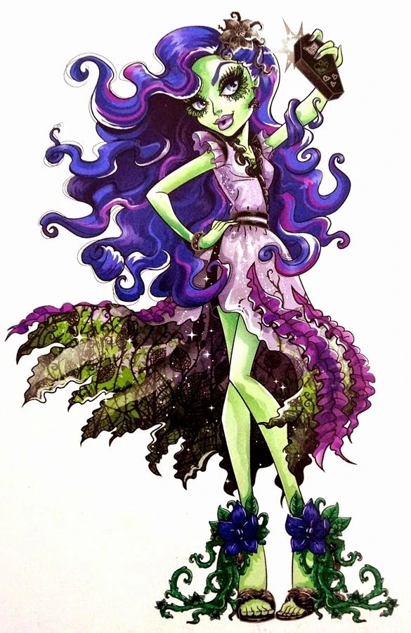 a drawing of a monster girl with purple hair and green eyes, holding a bottle in her hand