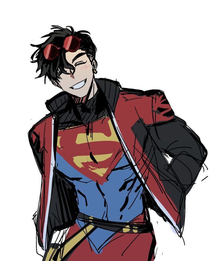 a drawing of a man in a superman suit with sunglasses on his head and arms behind his back