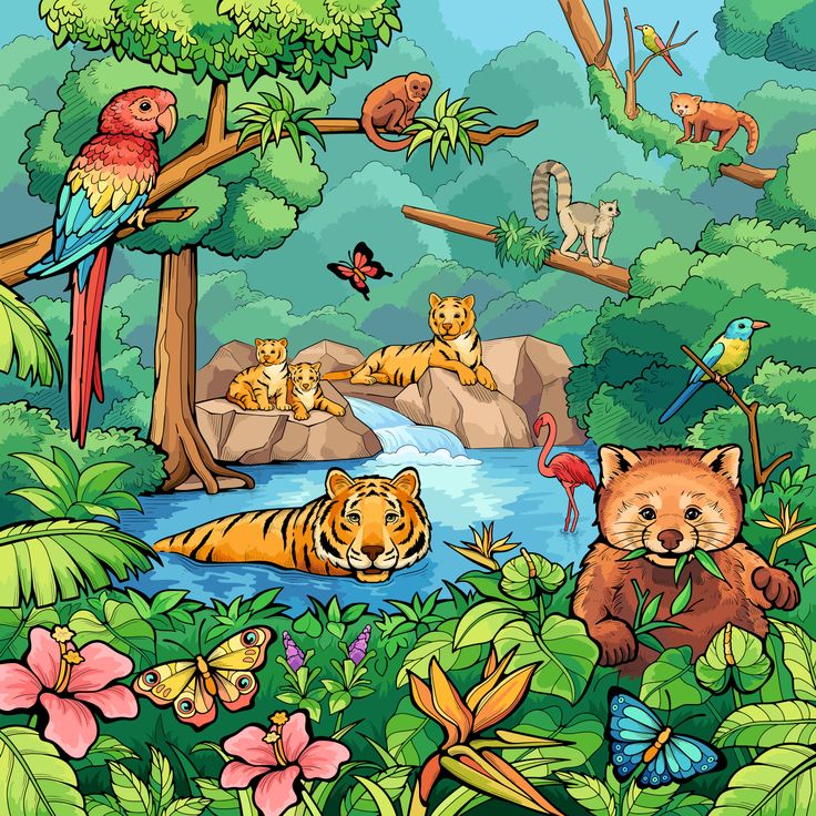 the jungle with animals and birds is depicted in this cartoon style painting by artist mark taylor