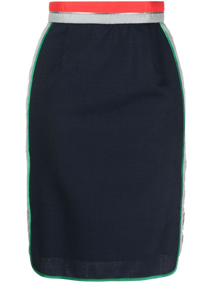 navy blue/red/grey wool blend high-waisted stripe trim concealed rear zip fastening rear slit knee-length straight hem Knee Length Skirt, Red And Grey, High Waisted Skirt, Wool Blend, Womens Bottoms, Knee Length, Top Brands, Navy Blue, High Waisted