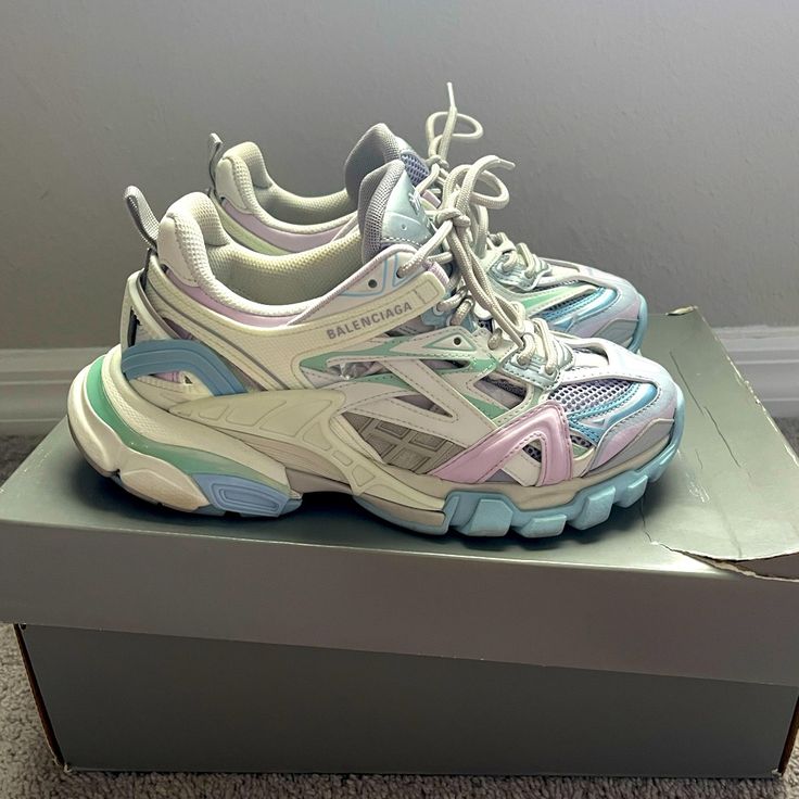 Balenciaga Track 2 In Pastel Powder Blue And Lilac Purple Womens Size 7 Gently Worn Only Worn A Couple Of Times Immaculate Condition Comes With Dust Bag And Original Box 100% Authentic Balenciaga Track 2, Shoes Balenciaga, Balenciaga Track, Lilac Purple, Powder Blue, Balenciaga, Original Box, Athletic Shoes, Lilac