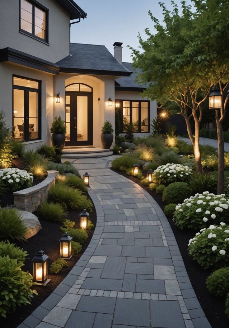 a house that is lit up with lights in the front yard and landscaping around it