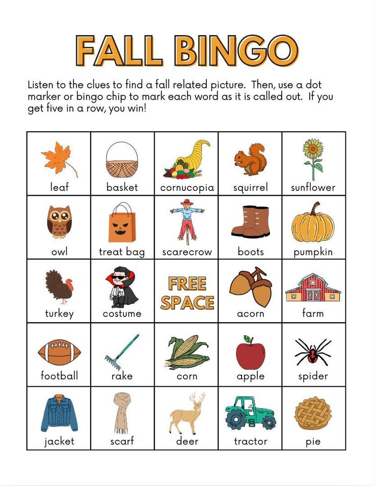 a printable fall bingo game for kids