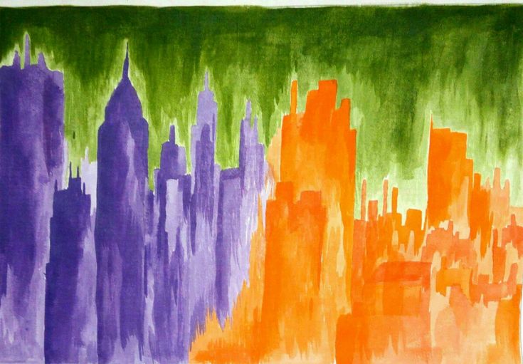 an abstract painting of cityscapes in orange, purple and green colors on paper