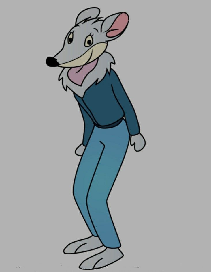 a drawing of a cartoon character in blue pants and a gray shirt with a pink nose