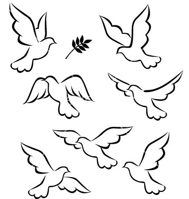 birds flying in the air with leaves on their beaks and wings, set of nine different