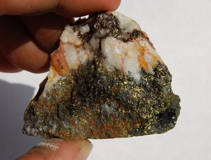 a hand holding a piece of rock with white and brown speckles on it