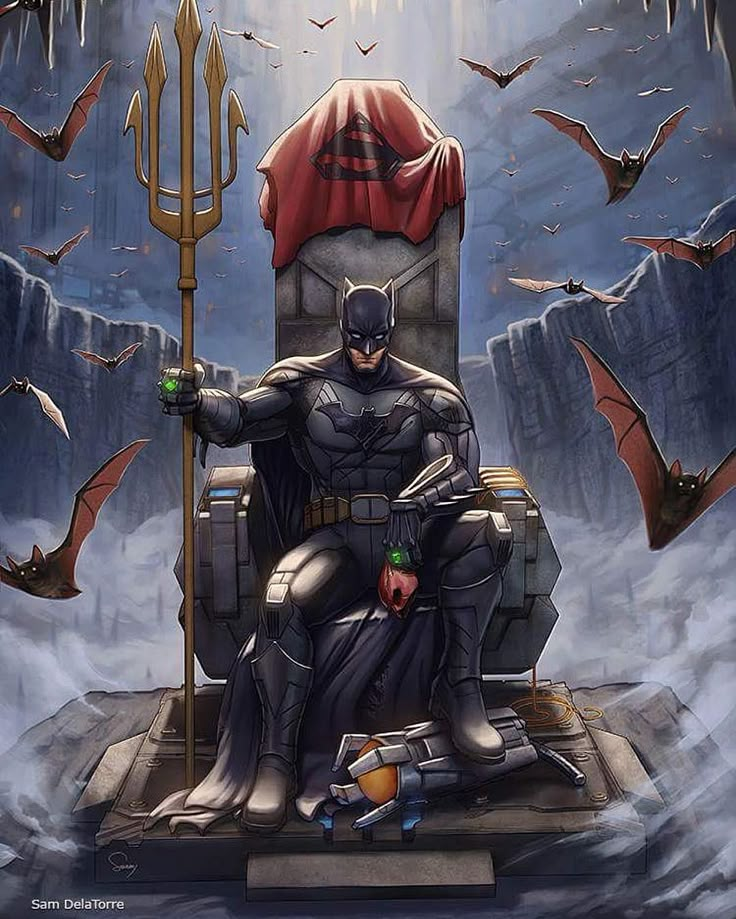 a batman sitting on top of a giant throne