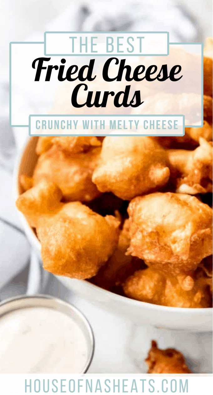 the best fried cheese curls recipe is in a white bowl with ranch dressing on the side