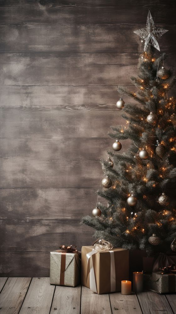 a christmas tree with presents under it on a wooden floor in front of a wall