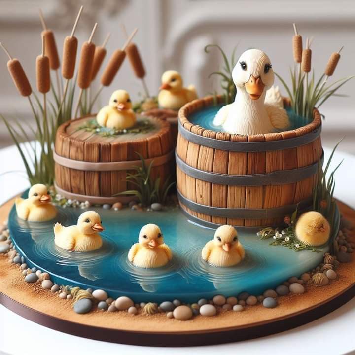 there is a cake with ducks in the tubs on it and grass growing out of them